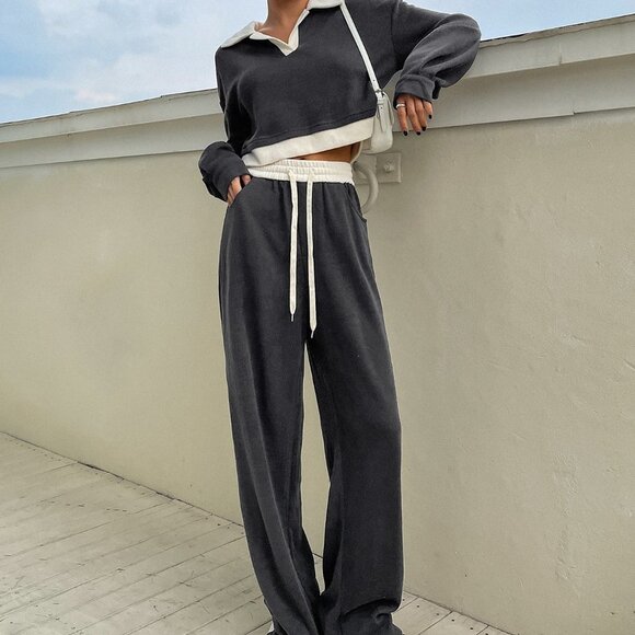 Dark Grey Casual Womens Collar Drop Shoulder Crop Sweatshirt & Sweatpants